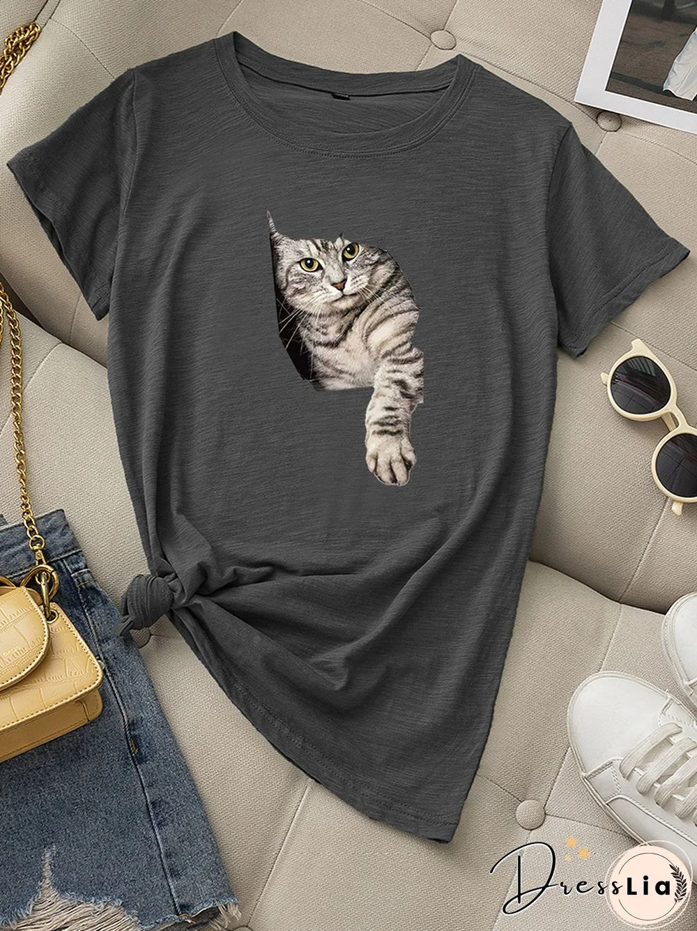 Summer 100% Cotton T-shirt Women Casual Short Sleeve Cat Print Female Graphic Fashion T Shirt Ladies Regular Round Neck Tee Tops