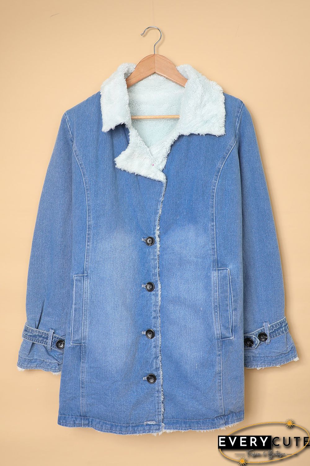 Sky Blue Lapel Collar Button Fleece Jacket