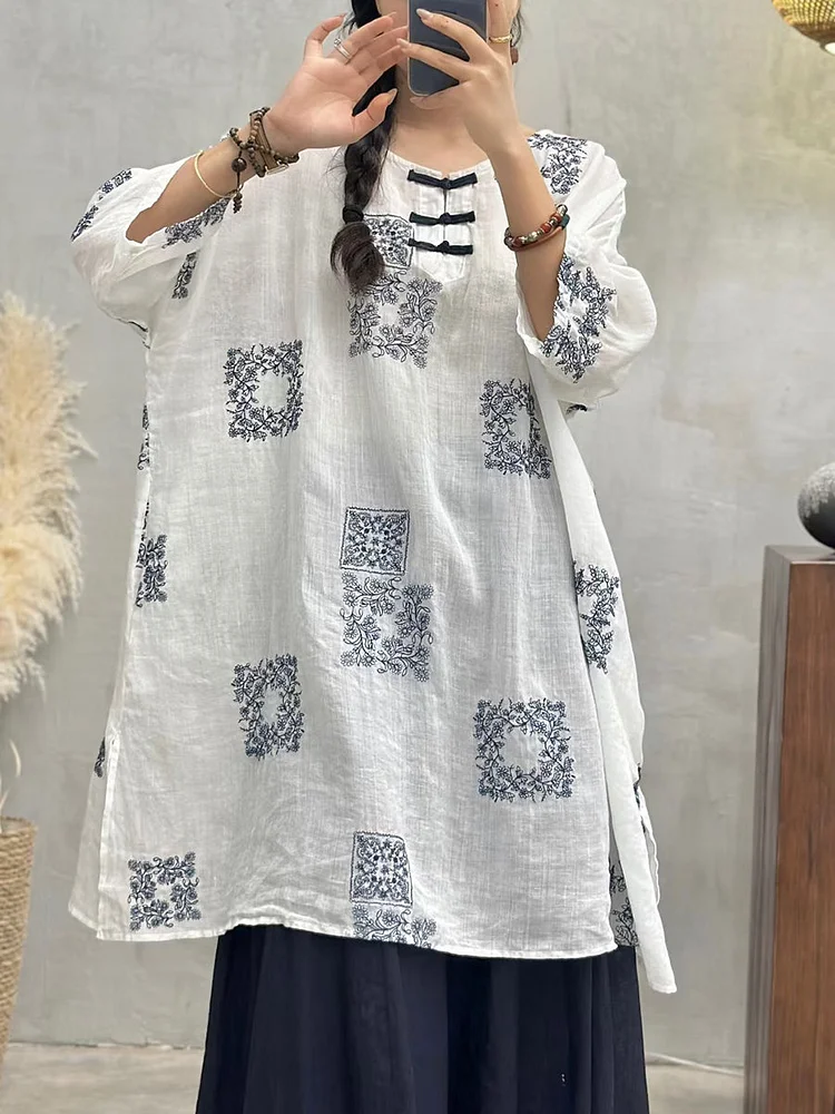Women Summer Vintage Embroidery Long Ramie Shirt