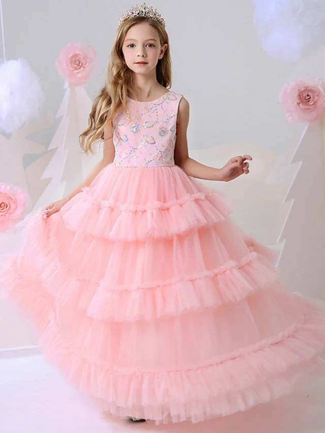 Hellodresses Sleeveless Jewel Neck Ball Gown Floor Length Flower Girl Dress  With Beading