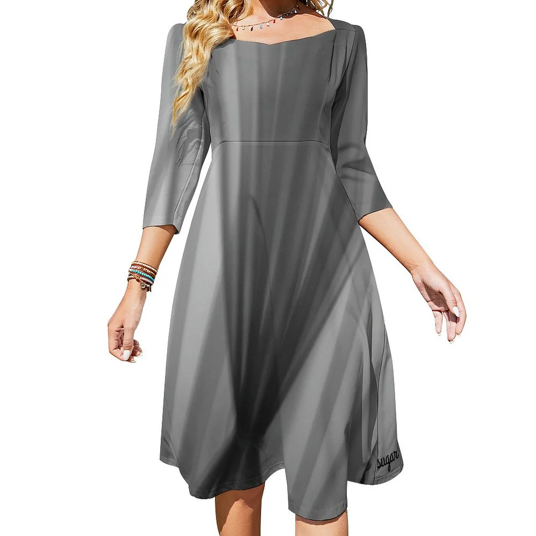Gradient White Grey Silky Soft Flowing Fabric Dress Sweetheart Tie Back Flared 3/4 Sleeve Midi Dresses