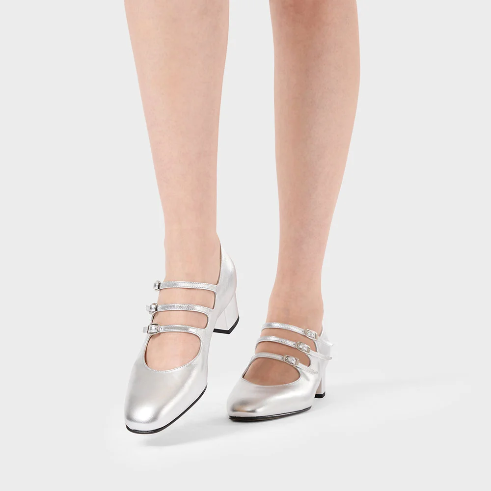 Women's Strappy Mary Jane Block Heel Silver Pumps with Buckle