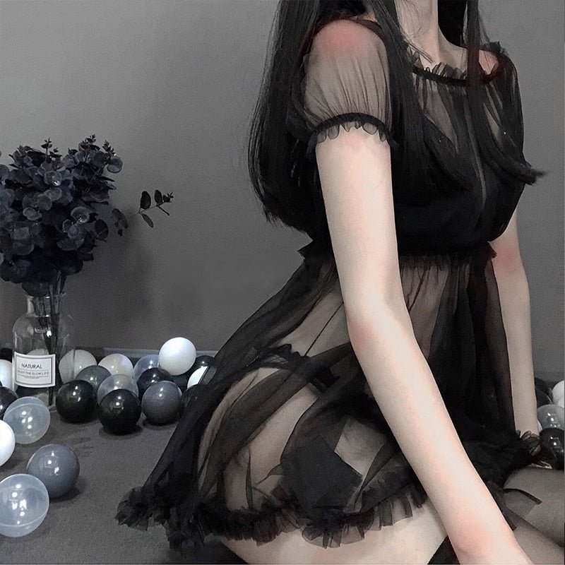 Kawaii Lace Babydoll Lingerie Pajamas Set for Women Off-Shoulder Tulle Temptation See Through Dress Erotic Cosplay Costumes