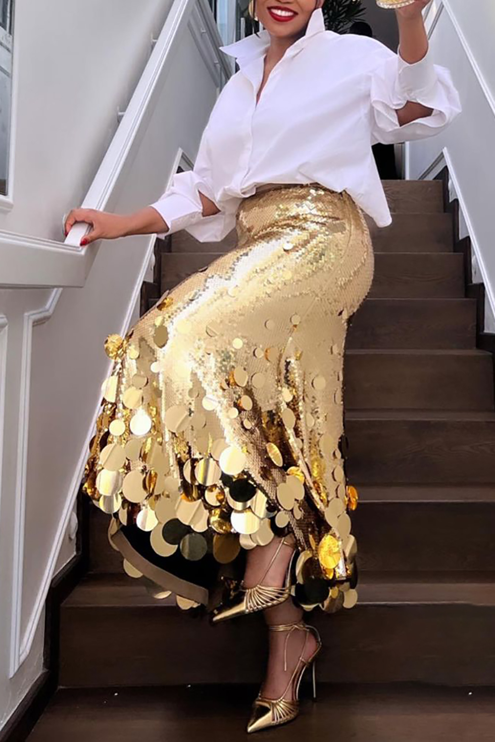 Plus Size Formal Skirts Elegant Gold Long Sequin Skirts [Pre-Order]
