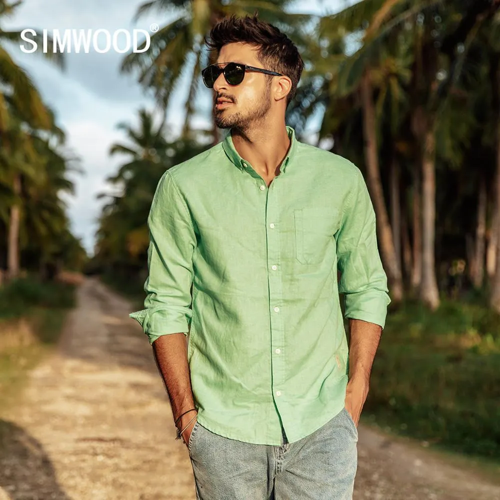 SIMWOOD 2021 Autumn summer new pure linen cotton shirts men cool Breathable classic basic shirt male high quality  190125