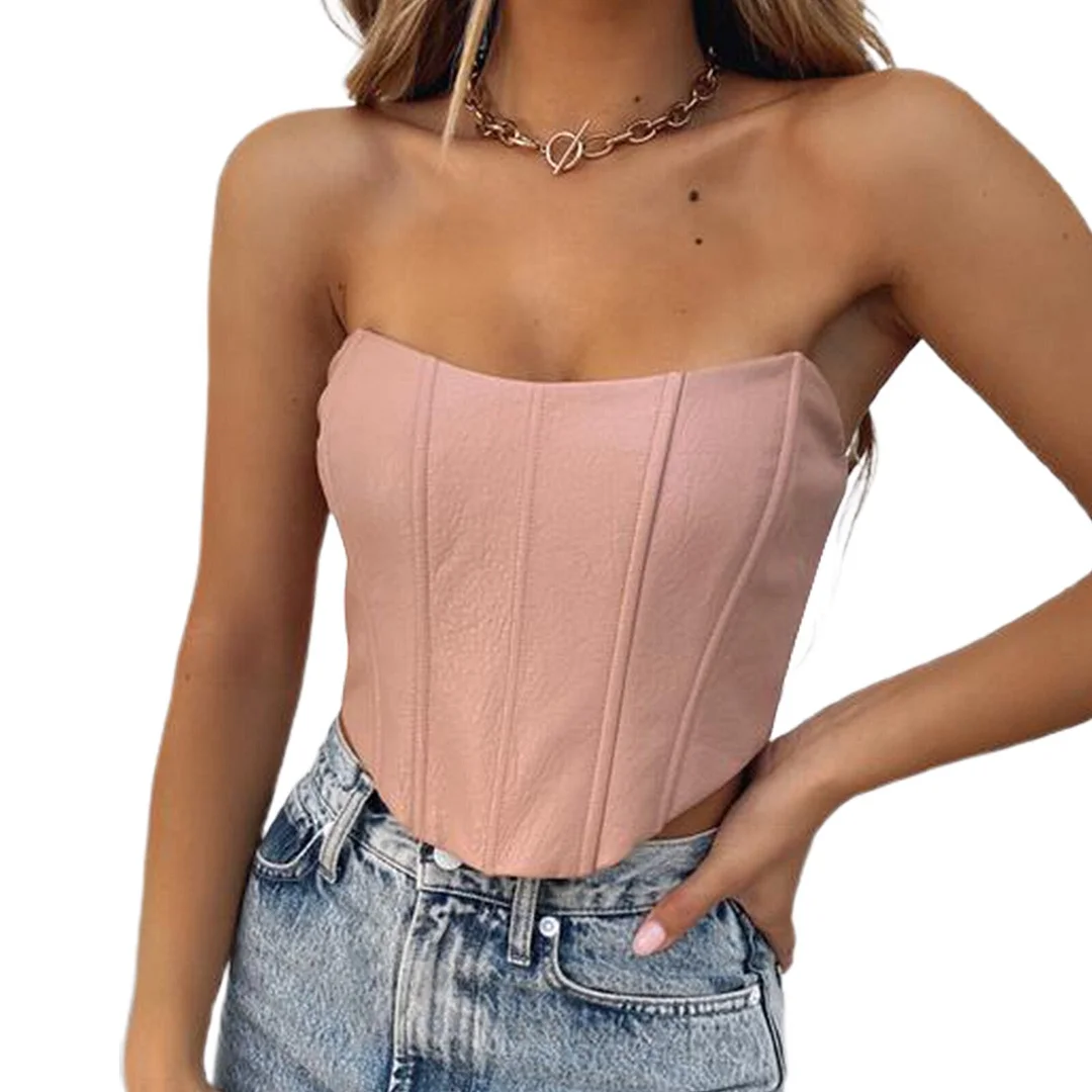 Women's Solid Color Tube Tops Off Shoulder PU Leather Corset Tops Sexy Summer Low Cut Bustier Crop Tops Irregular Hem Tanks