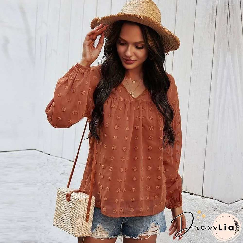 Spring New Chiffon Blouse Women Fashion V Neck Full Sleeve Summer Blouse Shirt Tops For Women Casual Solid Color