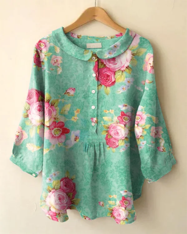 Vintage Long Sleeve Cute Peter Pan Collar Floral Print Shirt