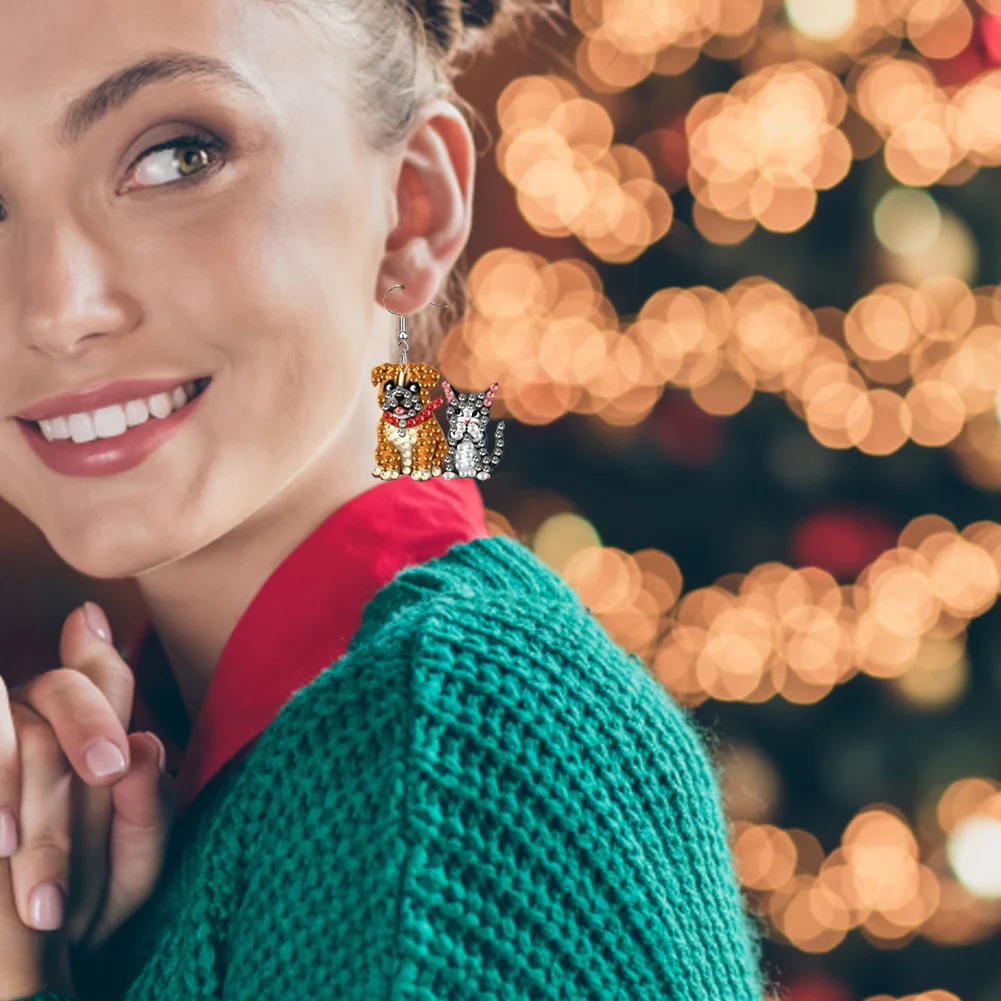 4 Pairs Cat Dog Double Sided Diamond Painting Earrings DIY Earrings Making Kit