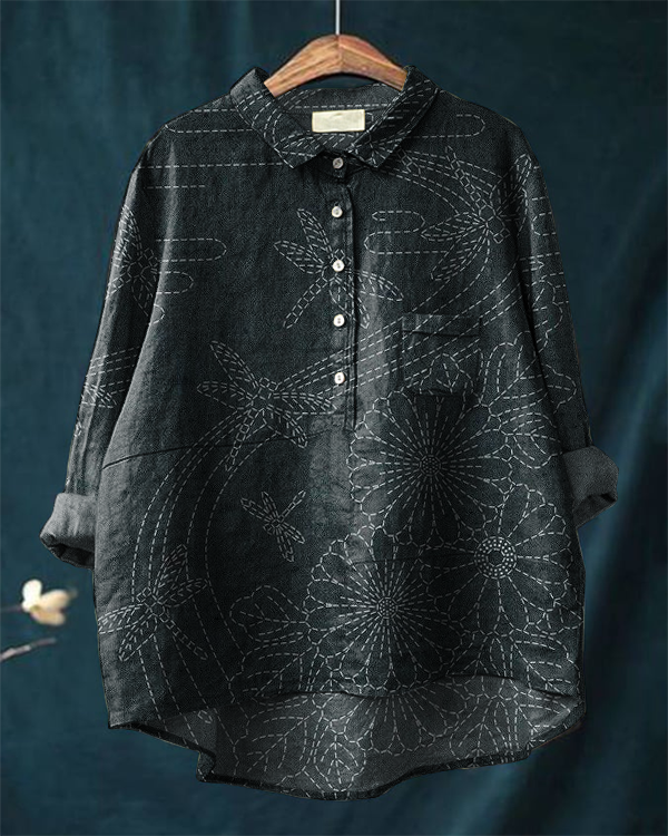 Dragonfly Sashiko Art Print Cotton and Linen Long Sleeve Shirt