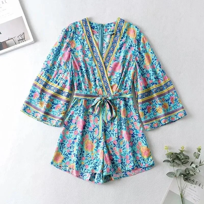 PUWD Casual Woman Blue National Style Print Sashes Cotton Romper 2021 Summer Fashion V Neck Rompers Female Vinatge Beach Romper