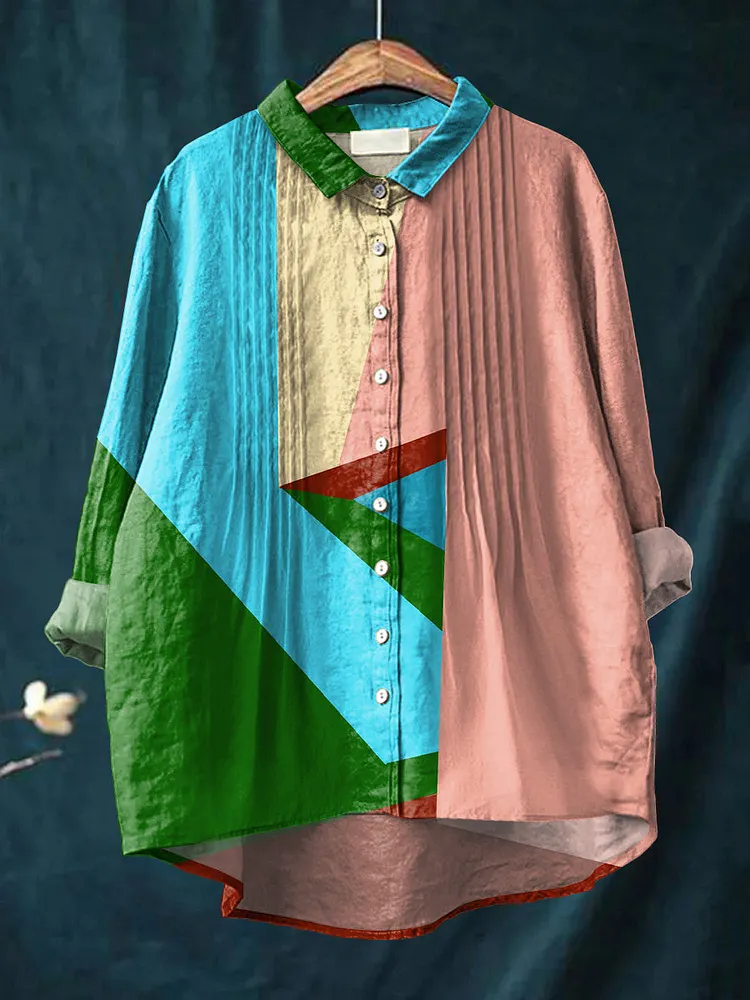 Women's Abstract Colorful Geometric Color Block Painting Art Print Casual Cotton And Linen Ruffle Shirt