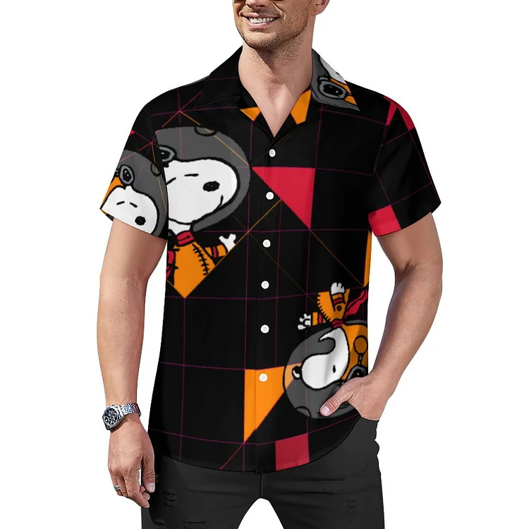 Funny Snoopy Space Suit Black Men's Retro Bowling Shirts Rockabilly Style Button Down Cuban Camp Shirt - Heather Prints Shirts