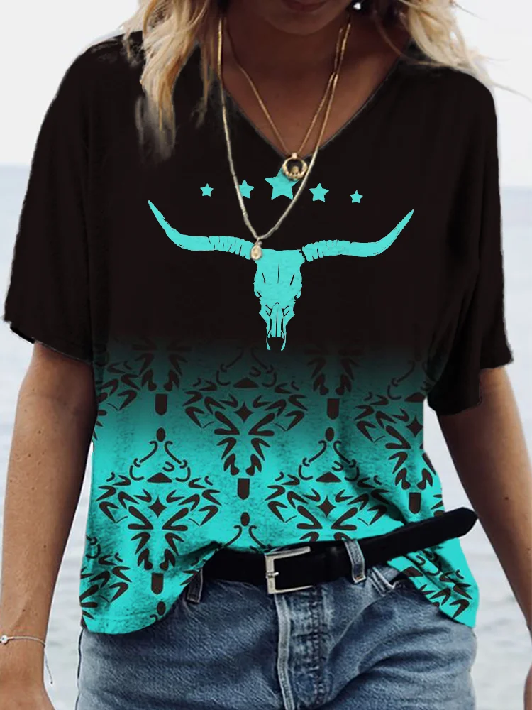 Western Bull Skull Ethnic Gradient V Neck Comfy T Shirt