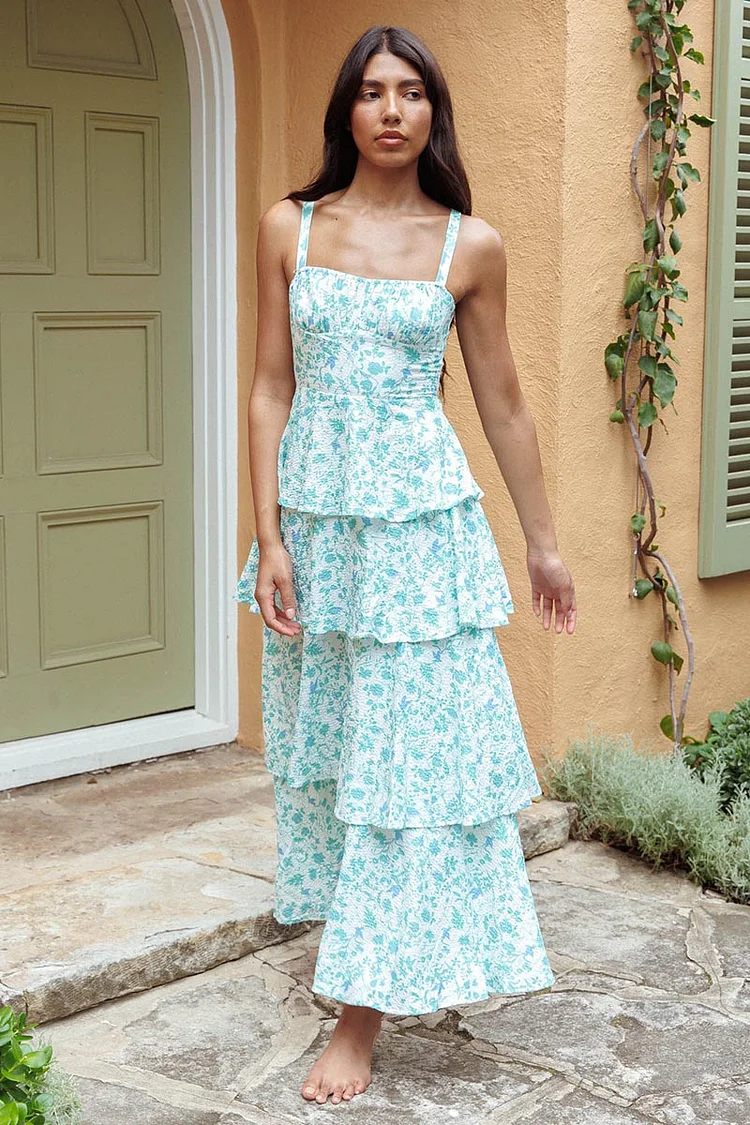 Floral Print Square Neck Straps Back Ribbon Cut Out Tiered Wedding Guest Maxi Dresses-Blue