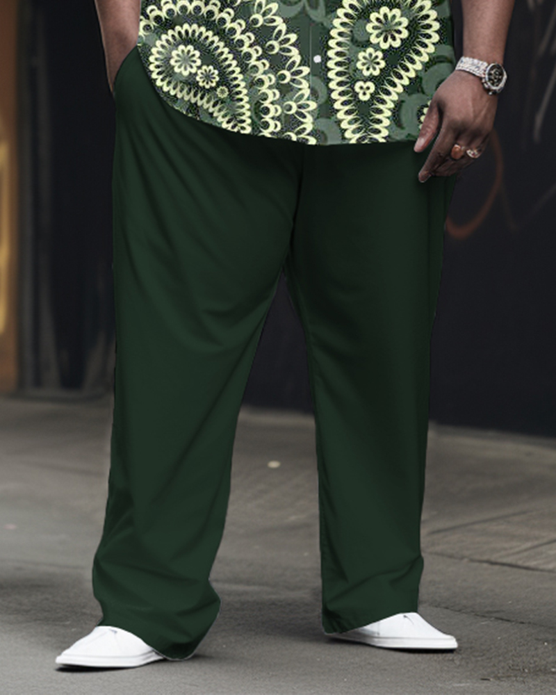 Men's Plus Size Retro Cashew Flower Texture Printed Long Sleeve Lapel Shirt 2 Piece Set
