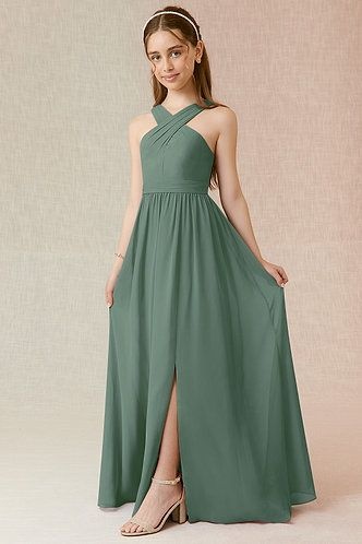 Daisda Halter Straps Sleeveless Slit Long Junior Bridesmaid Dress