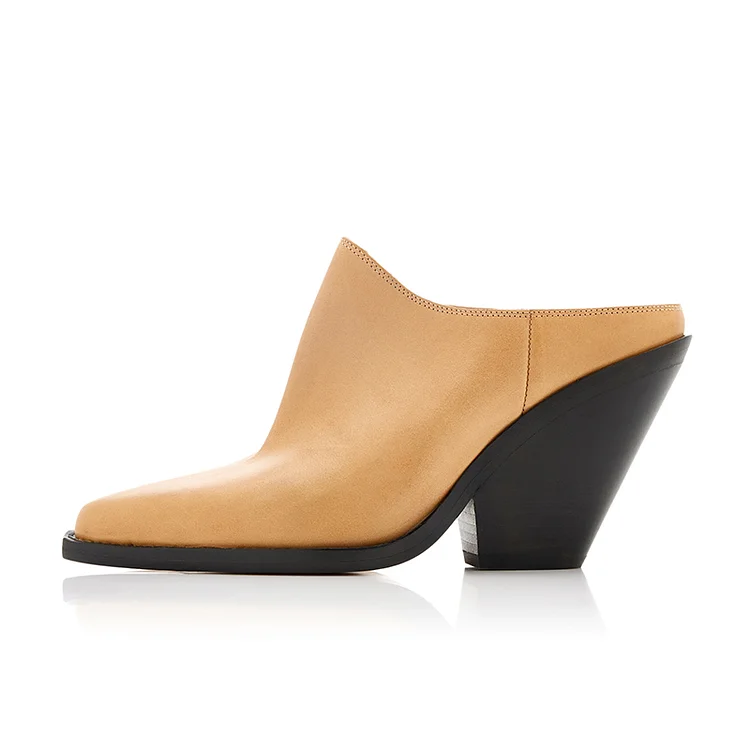 Light Brown Pointed Toe Block Heel Mules for Women |FSJ Shoes