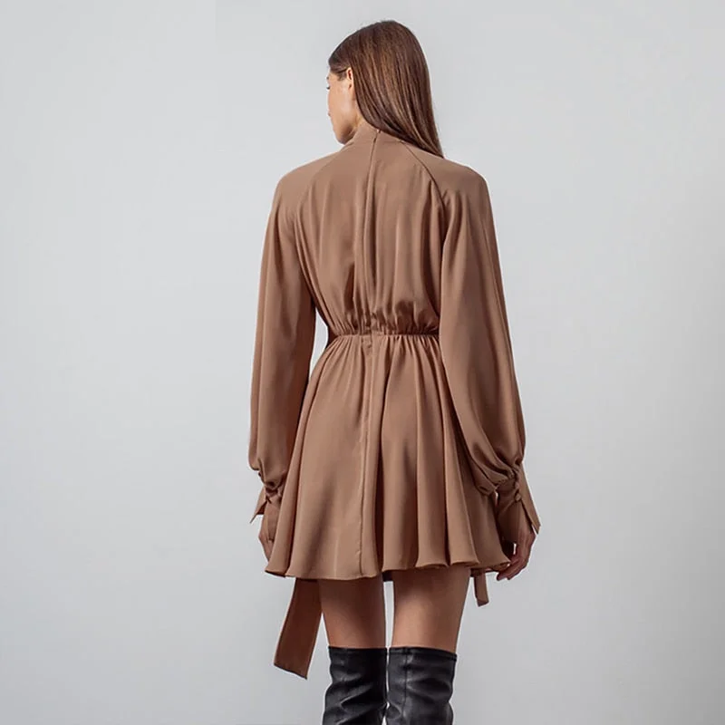 Chiffon High Waist Sexy Dress For Women Elegant Fashion British Style Bow Knot Lace Up Regular A-LINE Office Lady Dresses Spring