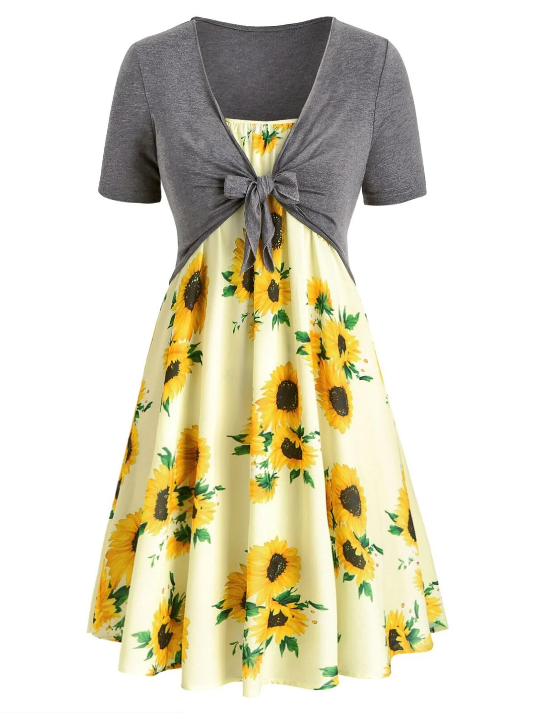 Plus Size Two Piece Women Dress Summer Sunflower Print Dress With Front Knot Top Short Sleeves A-Line Dress Vestidos