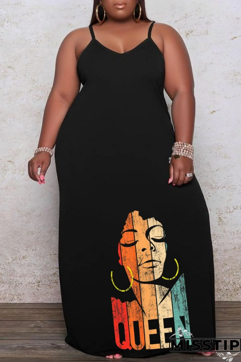 Black Sexy Casual Print Backless Spaghetti Strap Long Dress Plus Size Dresses