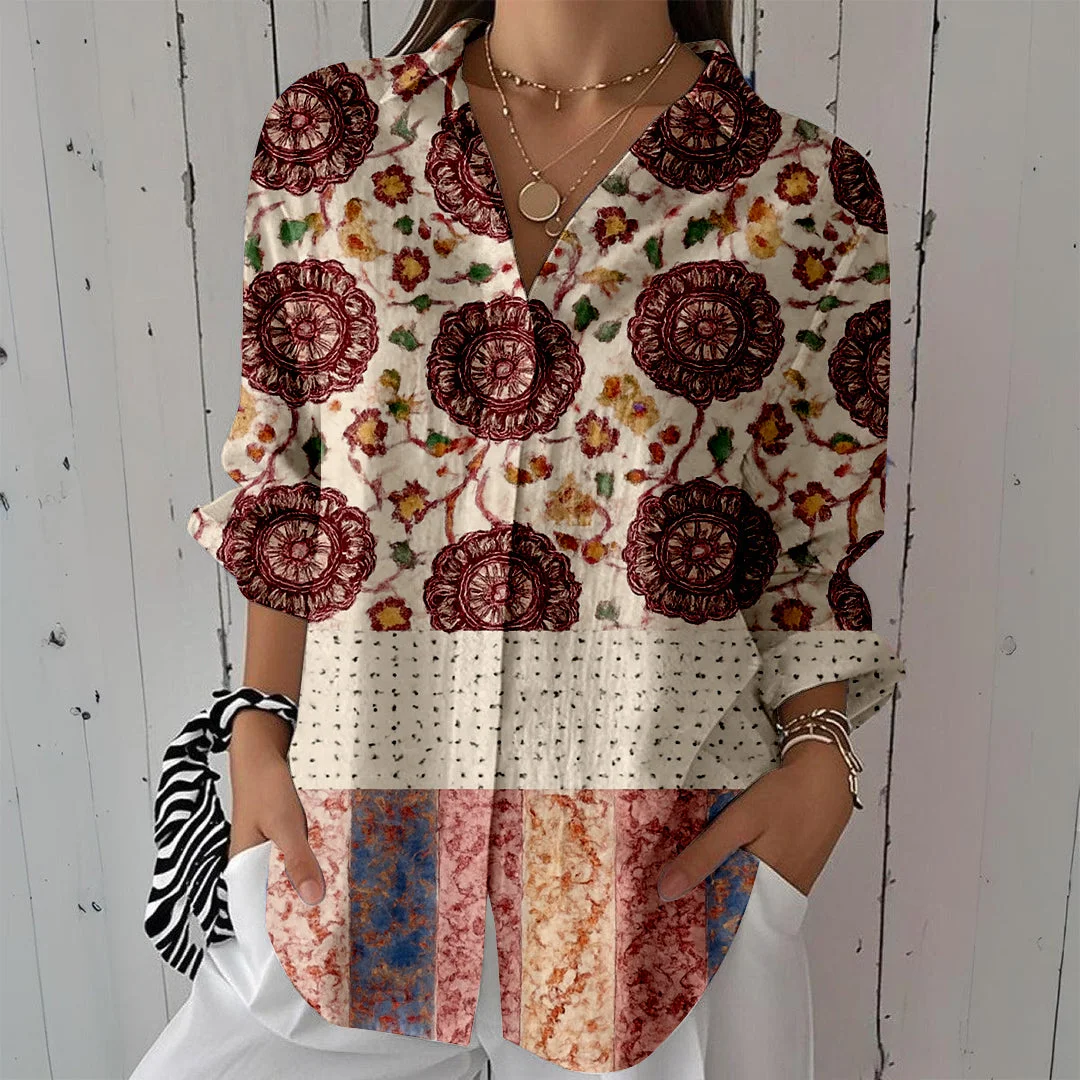 Style & Comfort for Mature Women Women Floral, Pink, Patchwork DZCL0037 3/4 Sleeve Shirt Collar Printed Button Tops