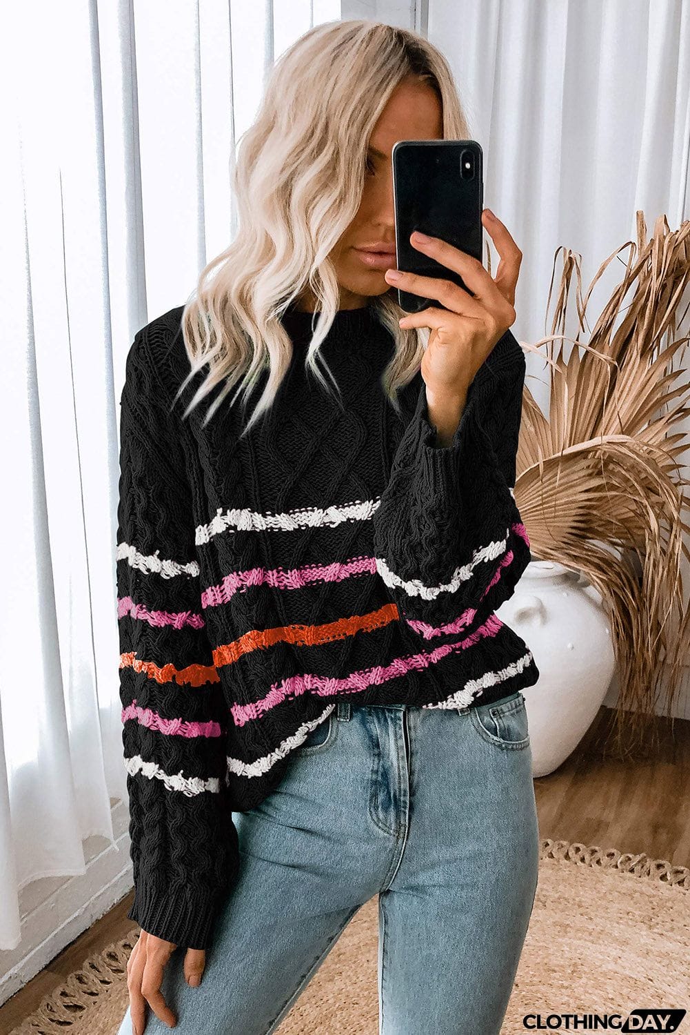Striped Color Block Textured Knit Pullover Sweater