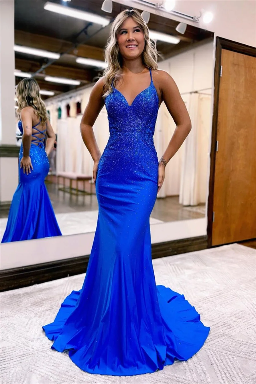Royal Blue Evening Dress Spaghetti Strap V Neck With Sequins ED0710
