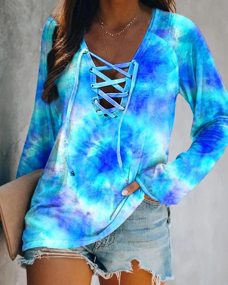 Women's tie-dye printed casual long-sleeved T-shirt-121424