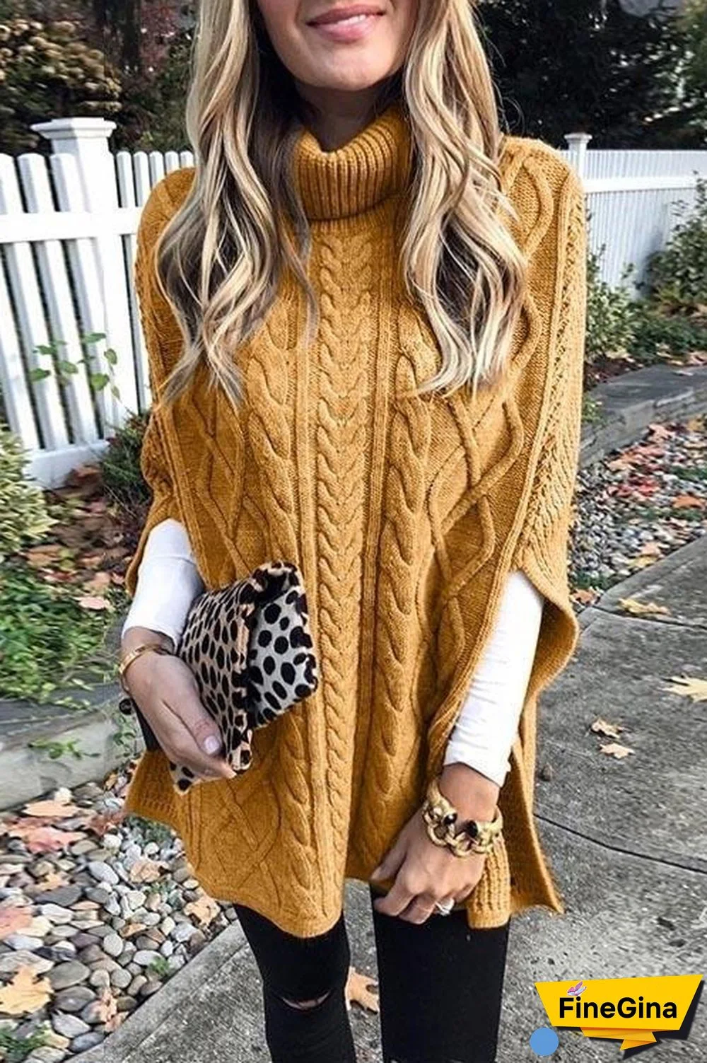 Turtleneck Cable Knit Cloak Poncho Sweater