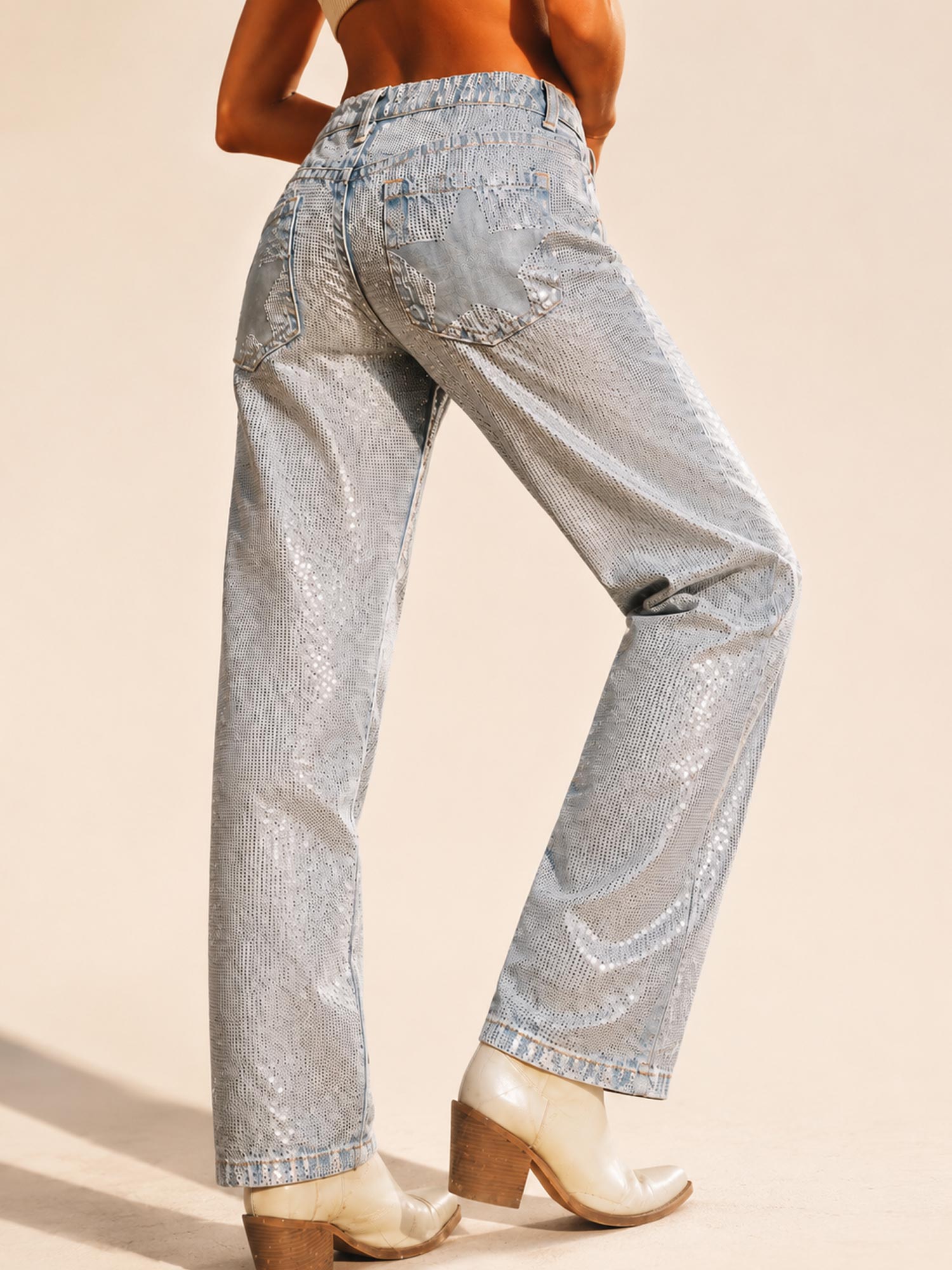 Silver Wash Sequin Embellished Spring/Summer 2026 Women's Premium Denim Trousers