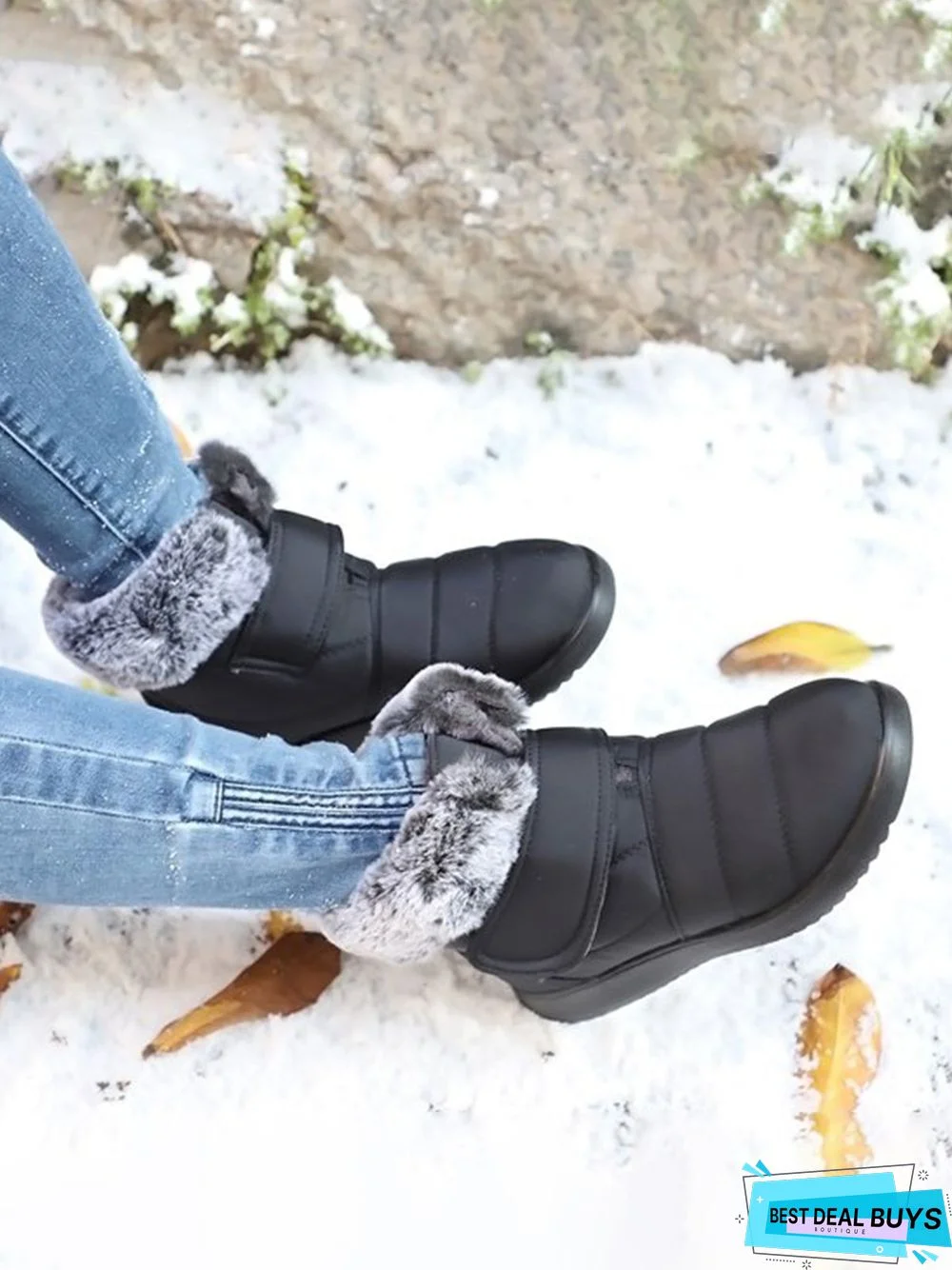 Faux Fur Cuff Snow Boots with Hook and Loop