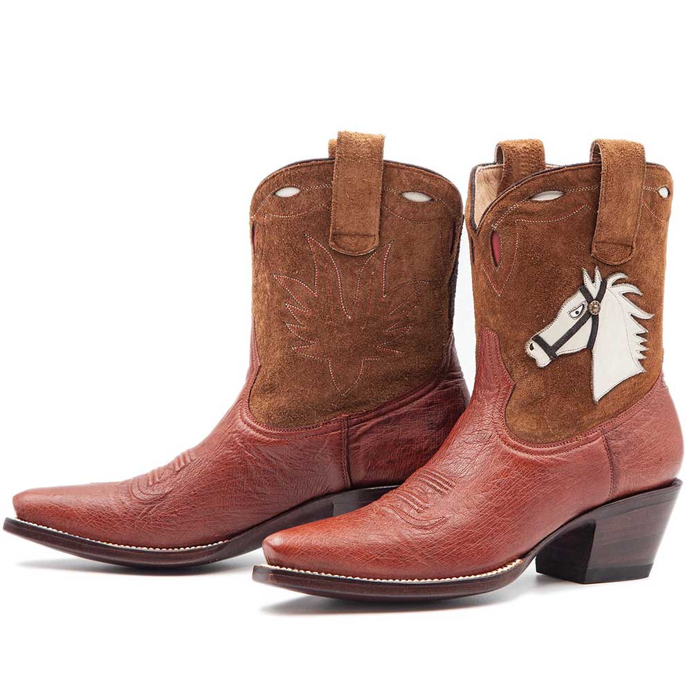 Orange & Tan Pony Inlay Snip Toe Chunky Heel Cowgirl Ankle Boots Nicepairs