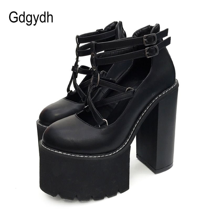 Gdgydh 2021 Fashion Women Pumps High Heels Zipper Rubber Sole Black Platform Shoes Spring Autumn Leather Shoes Female Promotion