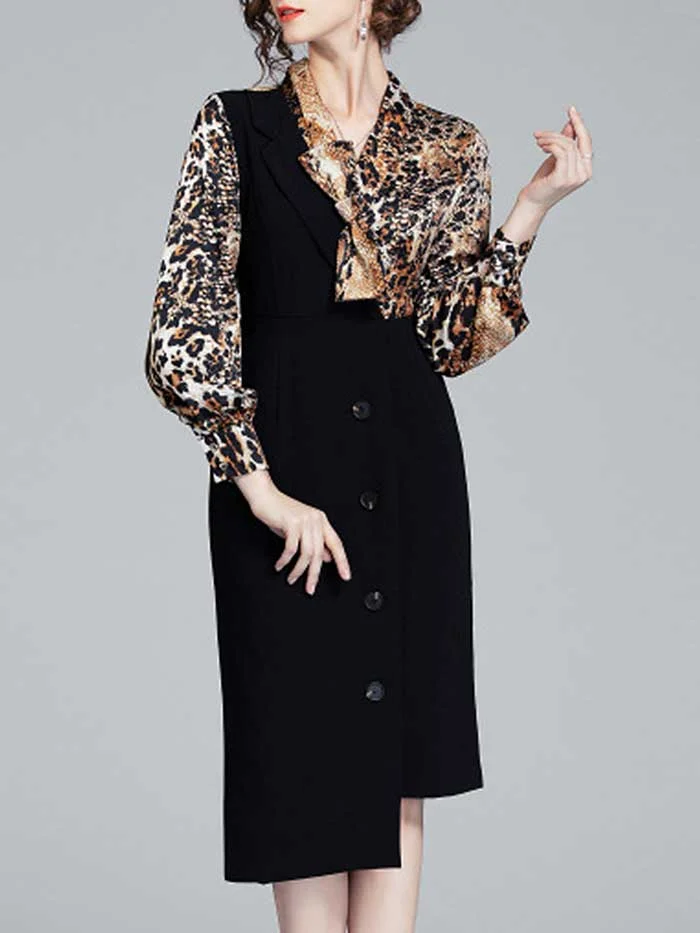 Leopard print stitching irregular skirt slim slimming dress
