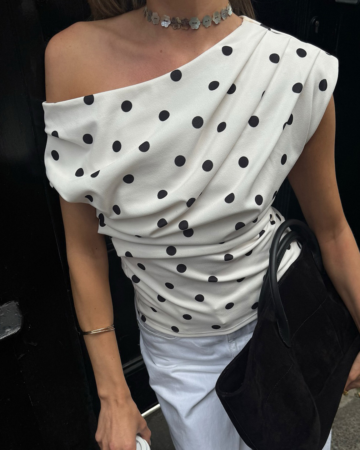 One Shoulder Polka Dot Ruched Detail Top