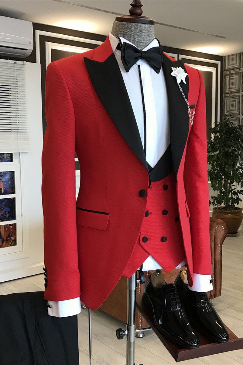 Oknass Popular Red Three Pieces Mens Wedding Suits 2022With Black Peaked Lapel