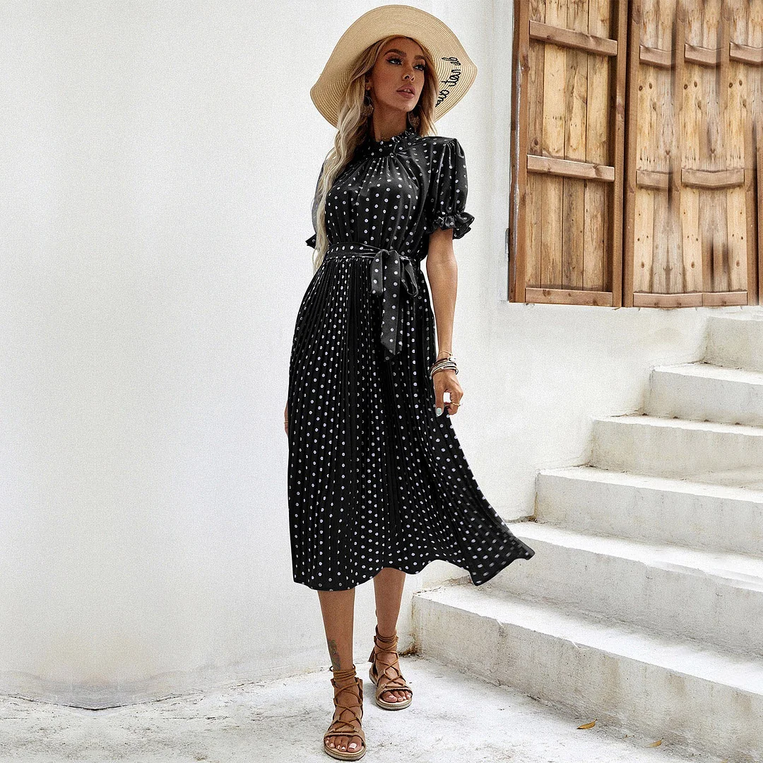 Summer Short Sleeve Polka Dot Print Women Midi Dress Cashion Fashion Dresses Lace Up A-line Boho Elegant Beach Long Dree ss Vestido