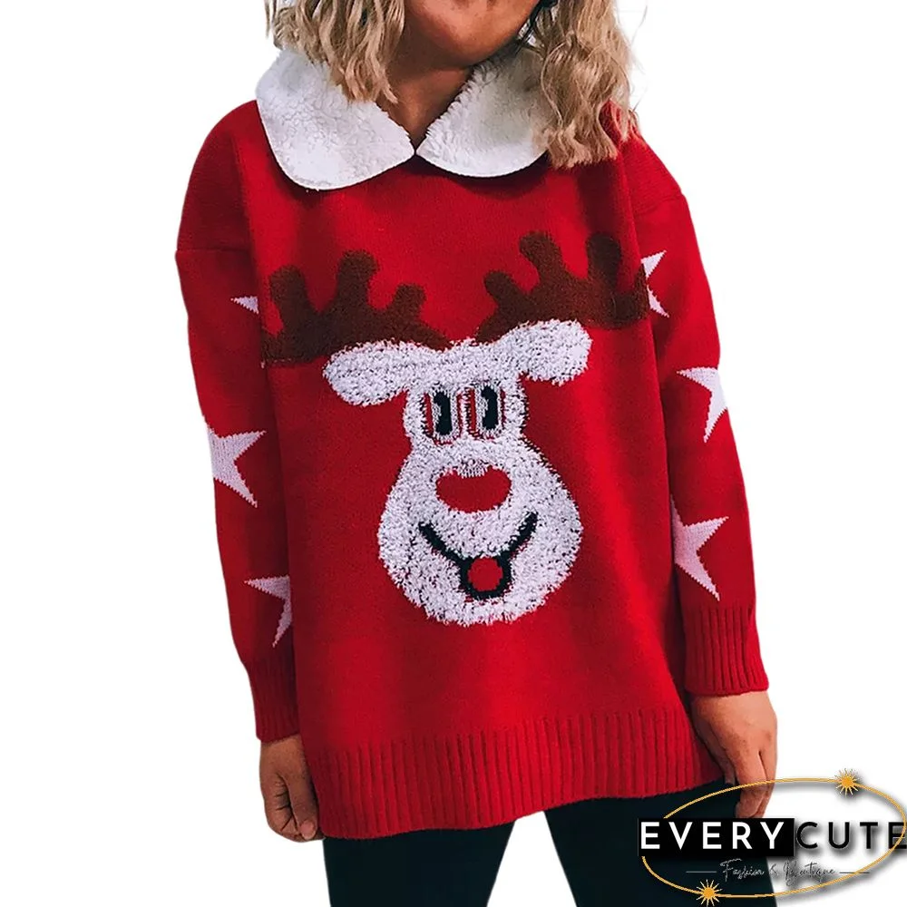 Red Deer Print Lapel Collar Thicken Christmas Pullover Sweater