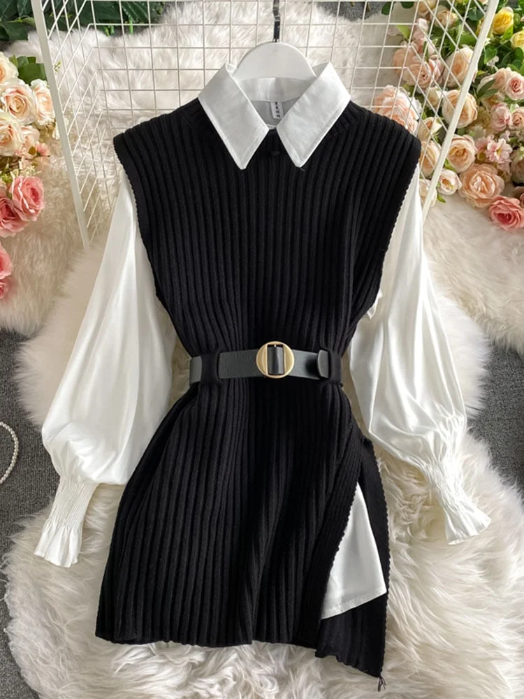 spring autumn women&#39;s lantern sleeve shirt knitted vest two piece sets of College style waistband vest two sets top UK900