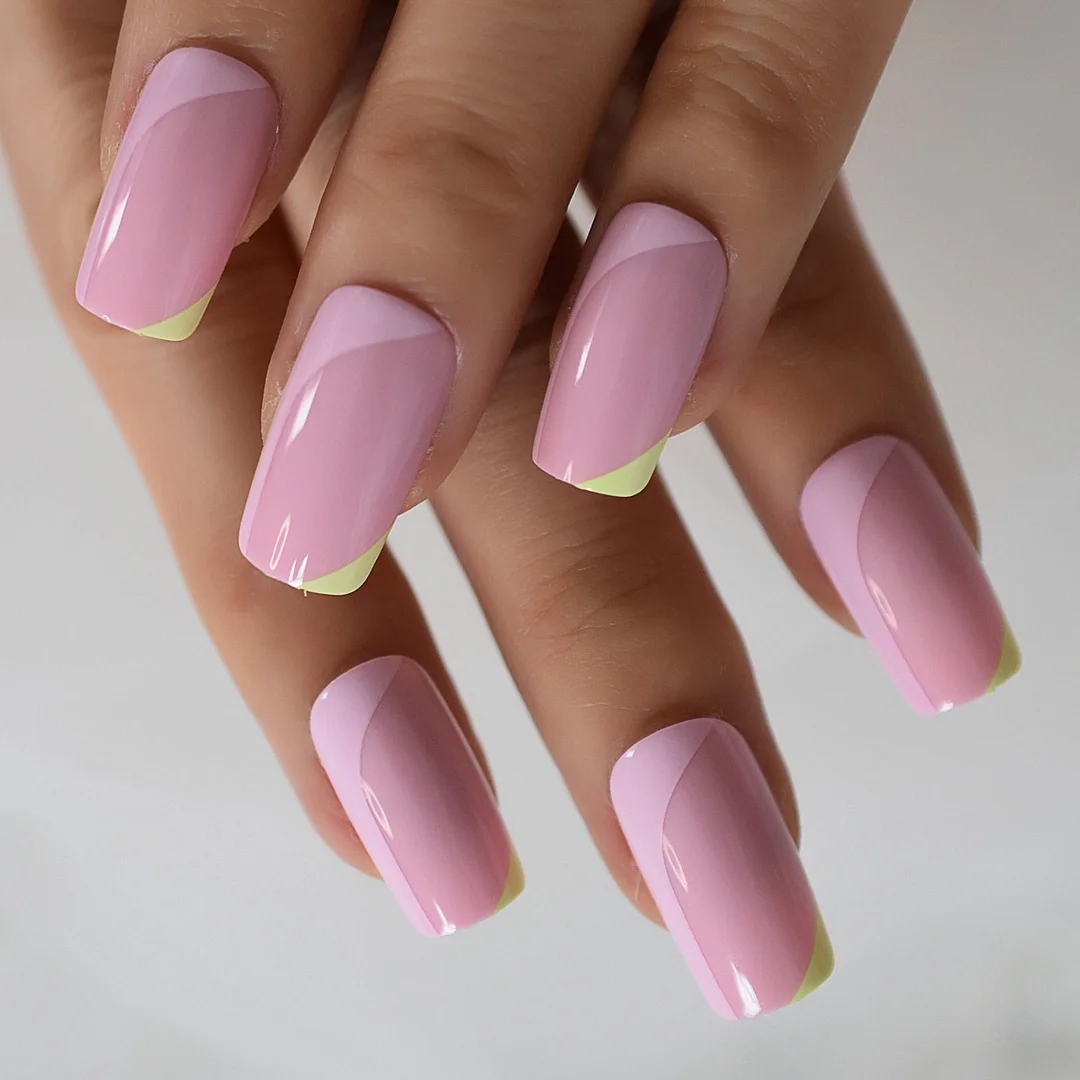 Medium Nude Natural False Nails Square Shimmer Glitter Decorative Flower Grace White Gradient Ombre Artificial Nail Art Tips-Nail Inspo