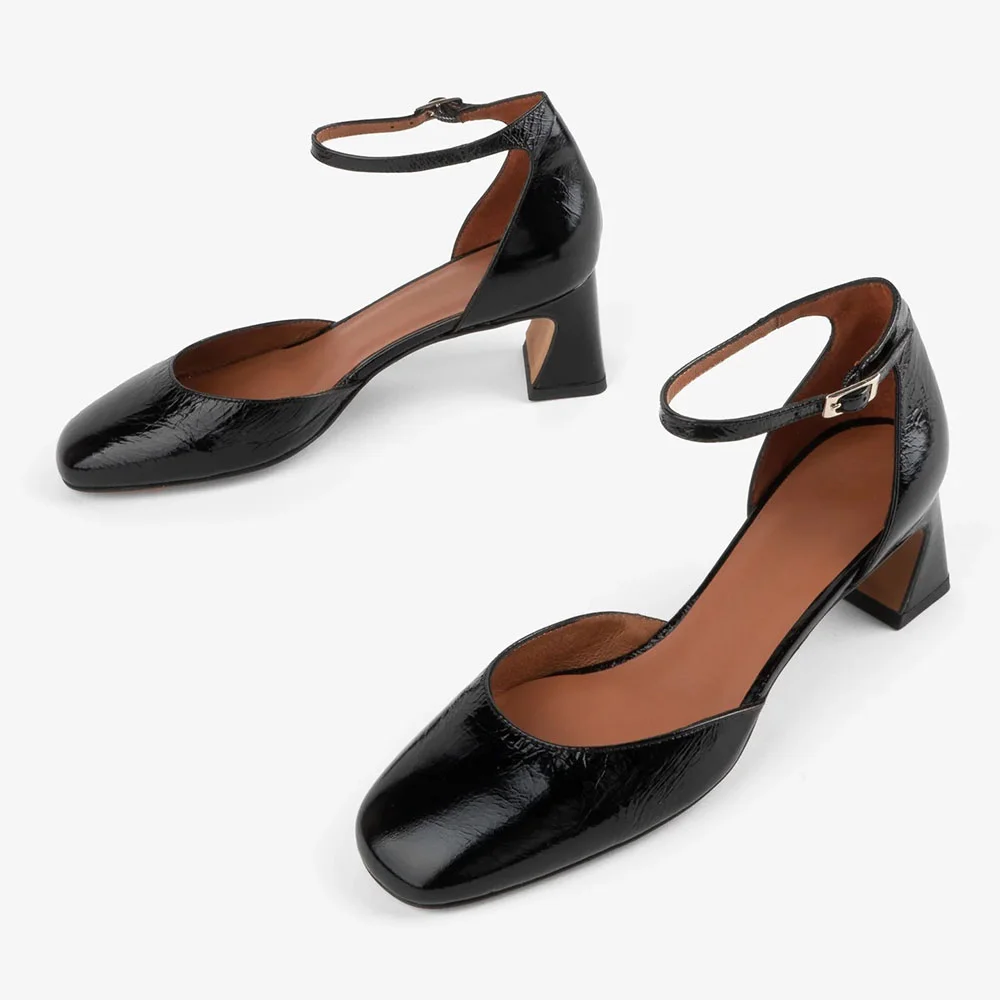 Classic Black Square Toe Chunky Heel Buckle Ankle Strap Pumps Shoes