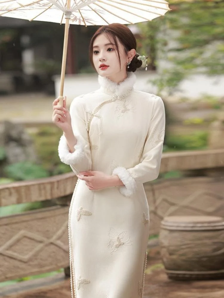 Butterfly embroidery, suede fabric midi Cheongsam