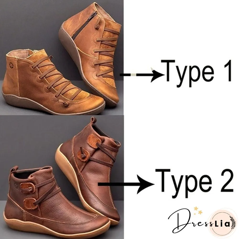 Womens Medieval Vintage Leather Boots Braided strap flat heel all season waterproof slip