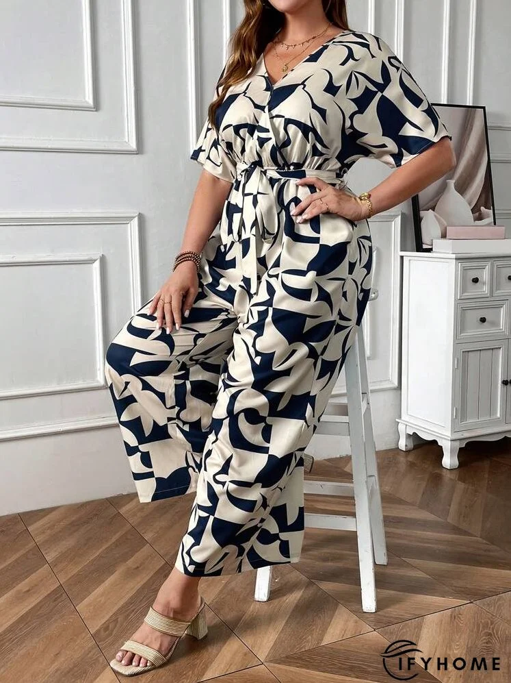 Plus Size Summer Casual Jumpsuit With Random Print And Batwing Sleeves | IFYHOME