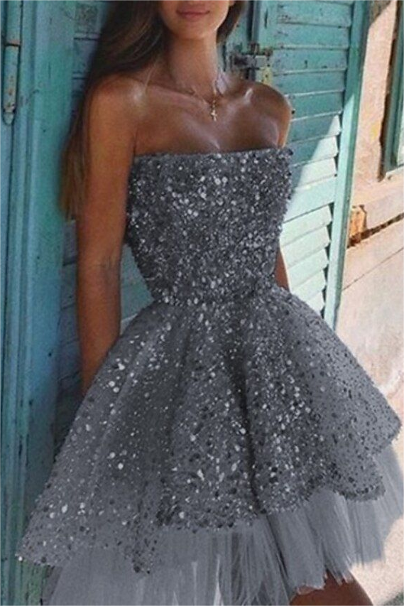 Lvs&Broner Shining Silver Sequins Strapless Sleeveless A-Line Homecoming Dress with Ruffles