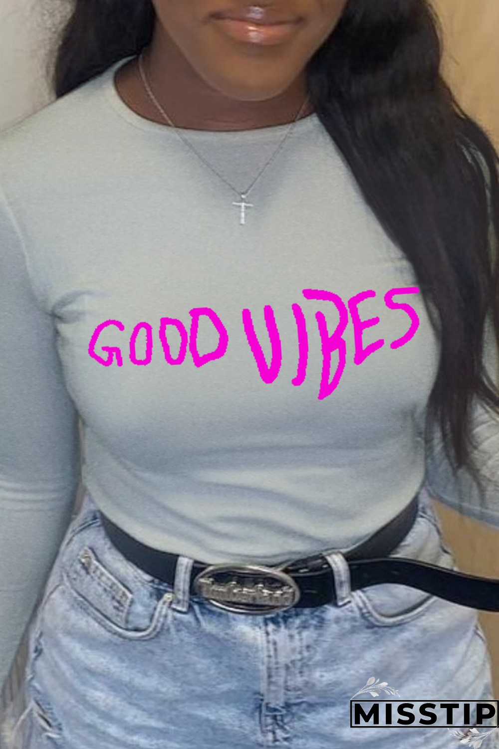 White Casual Print Patchwork Letter O Neck Tops
