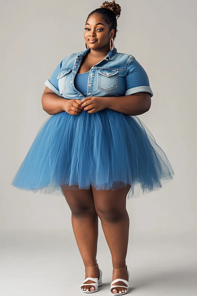 Xpluswear Design Plus Size Daily Light Blue Shirt Collar Short Sleeve Contrast Tulle Tencel Denim Mini Dresses [Pre-Order] 2024 - Xpluswear