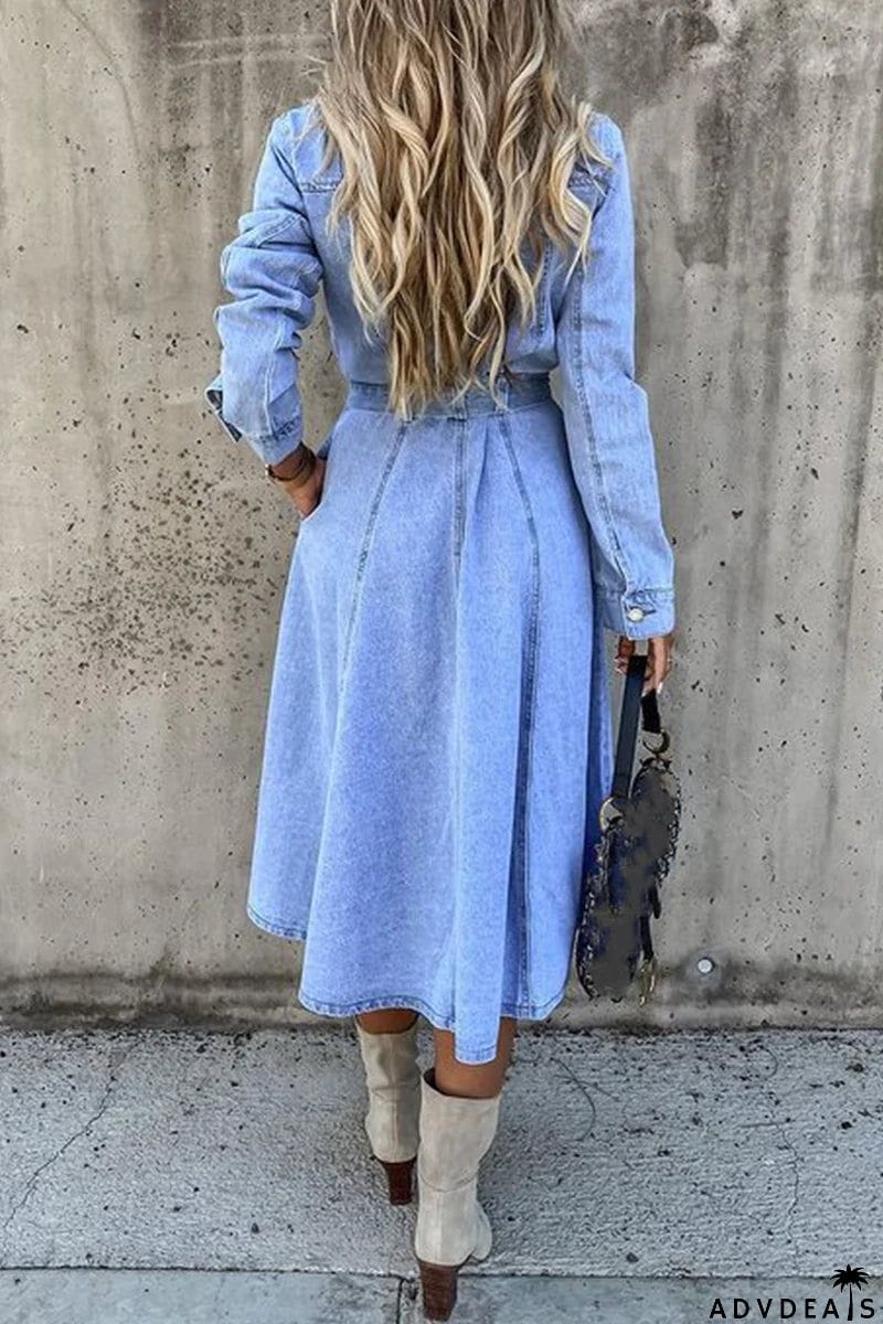 Work Elegant Solid Patchwork Pocket Frenulum Buckle Turndown Collar Long Sleeve High Waist Regular Denim Dresses
