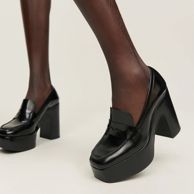 GOOSHOE Black Square Toe Patent Platform Chunky Heels Loafer Pumps